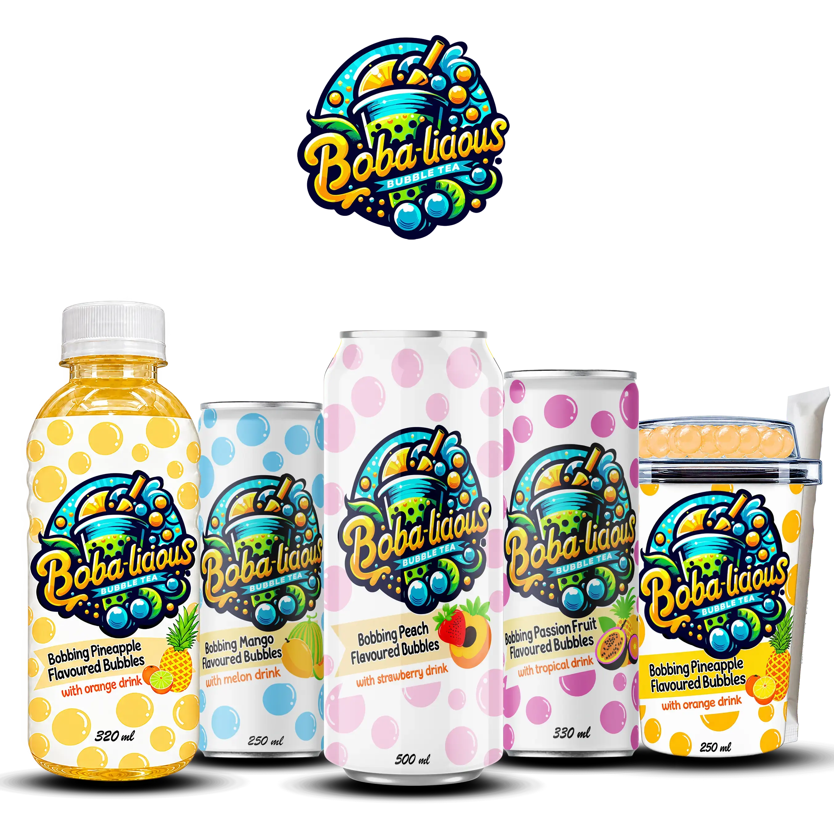 Bobalicious assorted bubble tea range featuring Strawberry 250ml can, Mango 330ml can, Pineapple 500ml can, Pineapple 250ml cup, and Pink Guava 320ml bottle.